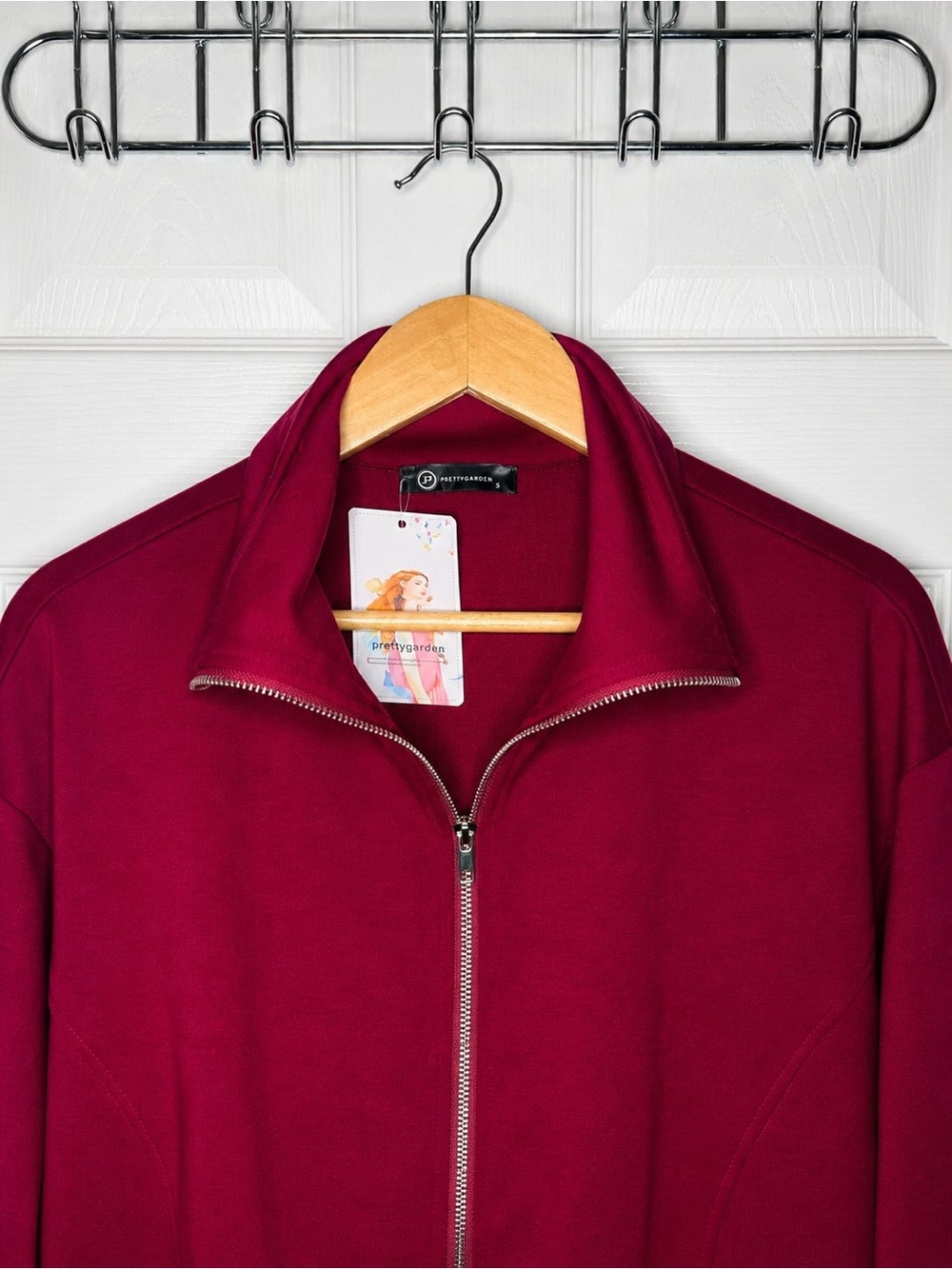 Women's Zip-Front Burgundy Cropped Jacket Sweatshirt PrettyGarden size S - Picture 4 of 9